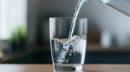Refreshing tap water flows into a transparent glass in a sleek modern kitchen, symbolizing clarity and the essence of everyday hydration.