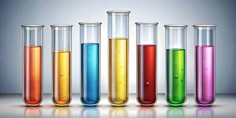 A row of seven test tubes with brightly colored liquids, set against a neutral background, symbolizing precision and diversity in laboratory experiments and scientific research.