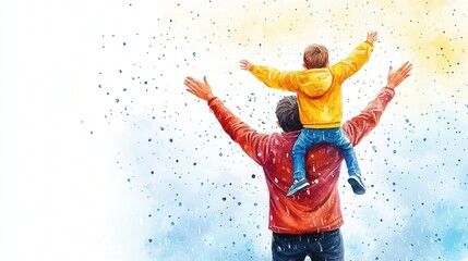 Naklejka premium Joyful Father and Son, a whimsical watercolour scene of a father lifting his son on his shoulders, arms raised to the sky, amidst gentle rain on a soft white background.