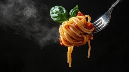 A metal fork holding Italian spaghetti in tomato sauce, accented by a basil leaf,