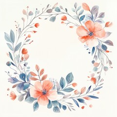 Obraz premium A beautiful watercolor floral wreath featuring soft peach flowers and lush green leaves, perfect for invitations and decor.