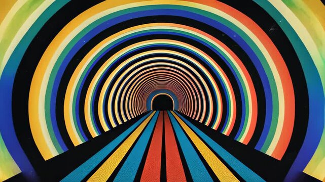 retro dark colorful background with rainbow road and cosmic gates, pop art, grainy texture, 4k animation cartoon footage