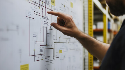 Team Member Highlighting Key Nodes on Detailed Supply Chain Flow Chart in Well-Lit, Organized Warehouse, Illustrating Operational Efficiency.