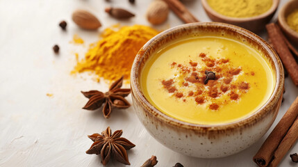 Cup of turmeric milk with anise flowers, ginger and cinnamon on a white background 