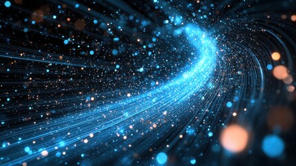 Obraz premium Illuminating the Network: Intricate Fiber Optic Telecommunication with Data Pulses Visualized in Glass Fibers