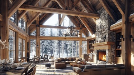 A picturesque ski chalet with a rustic design, showcasing timber framing, vaulted ceilings, and a stone fireplace,