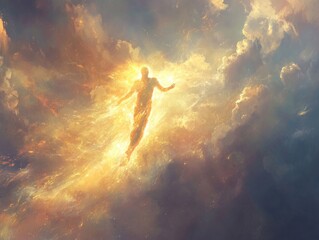 Obraz premium Ethereal Figure in Radiant Light Amidst Mystical Clouds and Heavenly Sky