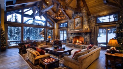 A picturesque ski chalet with a rustic design, showcasing timber framing, vaulted ceilings, and a stone fireplace,