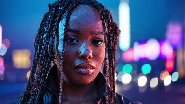 Video of a portrait featuring a Cyberpunk-style focused female character with wet hair, set against a vibrant neon backdrop. The scene highlights the character's intense expression and futuristic aest