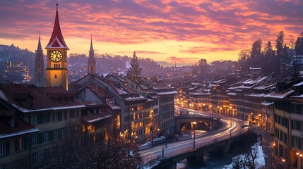 Obraz premium Bern, Switzerland with the clock tower at dawn
