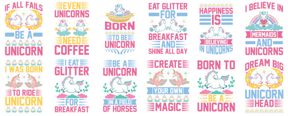 Modern Unicorn Invitation, Hand Lettering Bundle Vector Illustration for Holiday Cards, Magazine, Decal