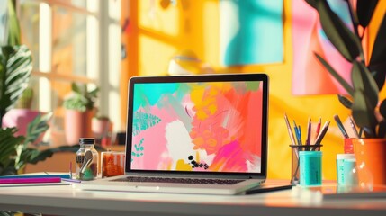 Laptop on a colorful desk with vibrant art supplies in a bright and creative workspace with natural light from the windows.
