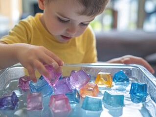 Toddler Exploring Colorful Ice Cubes in Sensory Play Activity at Home