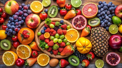 A beautiful display of fresh, colorful fruits arranged neatly in a studio setting