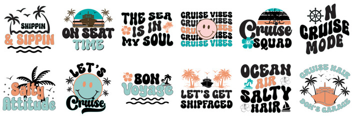 Cute Retro Cruise Phrases, Calligraphic Lettering Collection Vector Illustration for Advertising, Sticker, Postcard