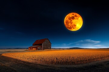 Fototapeta premium A lunar eclipse captured in a rural setting, with an old farmhouse and a field of crops bathed in the dim light of the eclipsed moon
