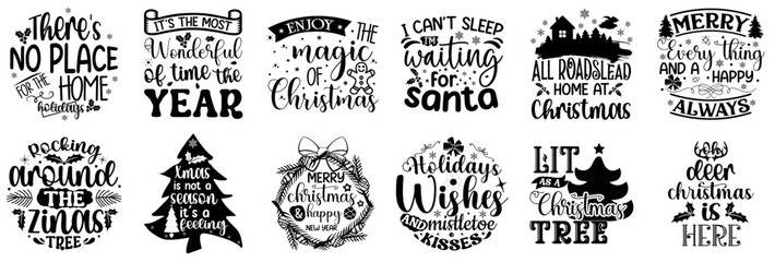 Classic Mega Christmas Typographic Emblems, Phrases Bundle Vector Illustration for Gift Card, T-Shirt Design, Social Media Post