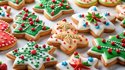 Obraz premium Colorful and festive Christmas cookies with icing and sprinkles, perfect for holiday celebrations and baking enthusiasts