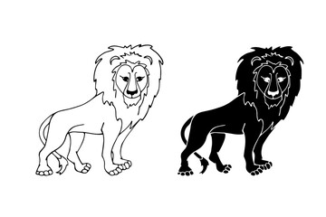 Linear sketch, silhouette, stamp of a wild, predatory animal lion. Vector graphics.