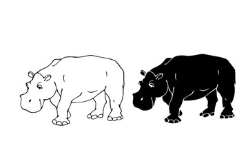 Linear sketch, silhouette, stamp of a wild, predatory animal hippopotamus. Vector graphics.