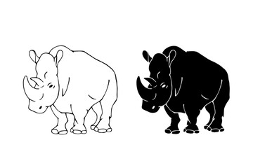 Line sketch, silhouette, stamp of a wild, predatory animal rhinoceros. Vector graphics.