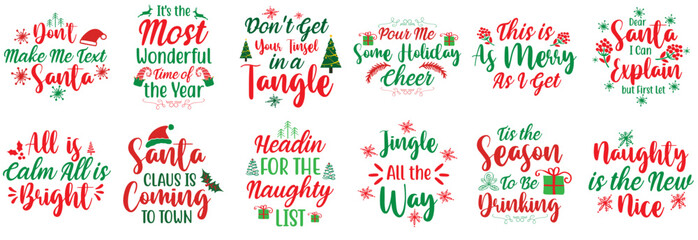 Decorative Funny Christmas Quotes, Calligraphy Bundle Vector Illustration for Bookmark, Postcard, Greeting Card