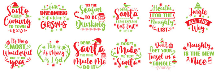 Cute Funny Christmas Typographic Emblems, Trendy Retro Style Illustration Bundle Vector Illustration for Bookmark, Brochure, Gift Card