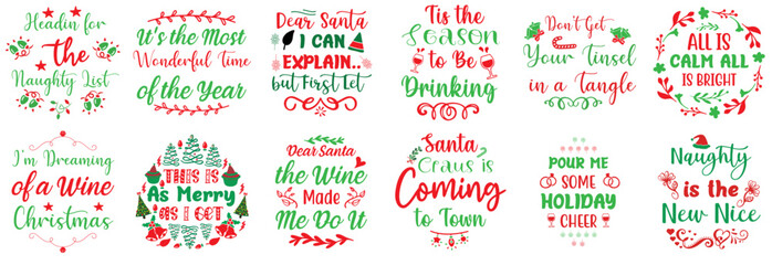 Creative Funny Christmas Typographic Emblems, Calligraphic Lettering Collection Vector Illustration for Poster, Brochure, Postcard