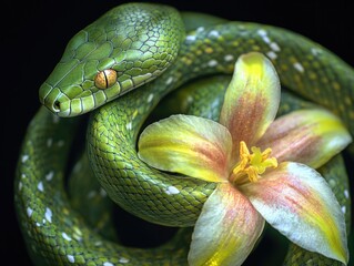 Obraz premium Green Tree Python Coiled Around Exotic Flower: Nature's Elegant Contrast and Beauty