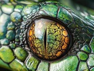 Macro Close-up of a Reptile Eye with Detailed Luminous Green Scales