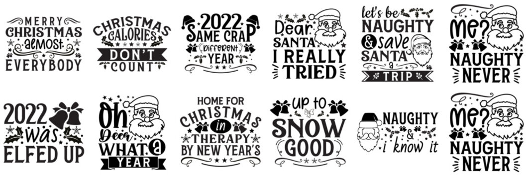 Minimalist Funny Christmas Quotes, Typographic Emblems Bundle Vector Illustration for Presentation, Decal, Greeting Card