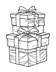 Three Christmas Presents Stacked in a Pile. Different Gift Boxes. Decorated With Wrapping Paper, Ribbon, Bows. Three Gifts for Holiday