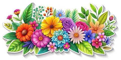 Vibrant nature sticker featuring colorful flowers and leaves on a clear background