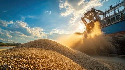 A serene scene of grain being unloaded from a ship, with the grain piling high and spreading out smoothly across the ground,