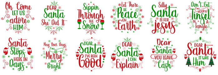 Colourful Christmas Typography, Calligraphic Lettering Set Vector Illustration for Icon, Decal, Wrapping Paper