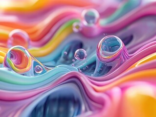 Colorful Abstract Fluid Art with Bubbles and Wavy Patterns