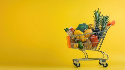 A shopping cart loaded with a variety of groceries against a vibrant yellow background. Space for text makes it perfect for retail or food shopping concepts.
