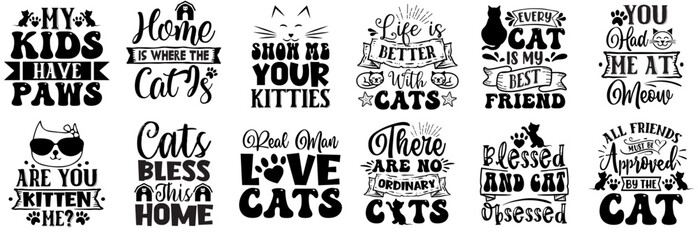 Classic Cat Phrases, Inscriptions Collection Vector Illustration for Newsletter, Book Cover, Magazine