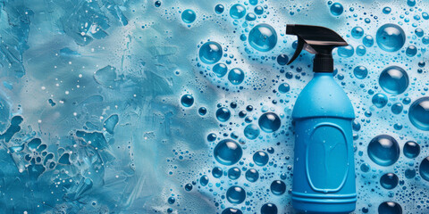 Cleaning spray bottle in soapy lather background with copy space