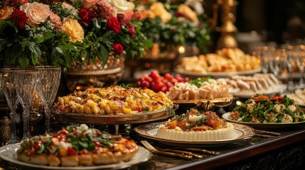 Obraz premium opulent banquet scene lavish spread of gourmet dishes on ornate table dramatic lighting rich colors intricate food presentation crystal glasses golden cutlery luxurious ambiance