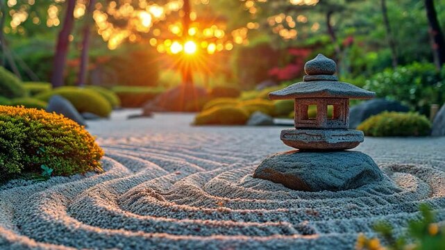 A peaceful Zen garden at first light. A classic stone lantern occupies the centre spot, with carefully raked sand surrounding it.