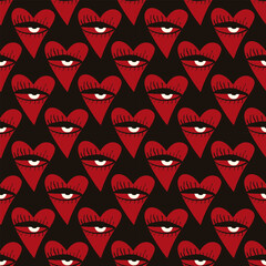 Valentines Day pattern with ugly funky hearts. Groovy cute love characters. Vector illustration in doodle style