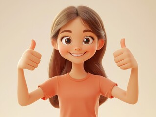 Cheerful Cartoon Girl Giving Thumbs Up