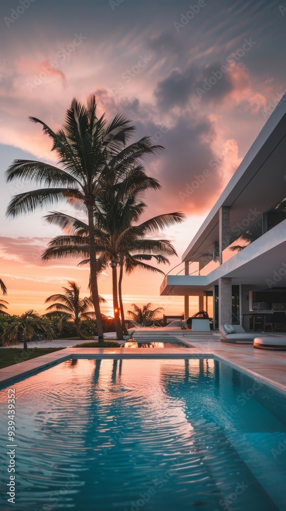 Canvas Prints An exquisite tropical poolside villa with palm trees and lush surroundings, bathed in the golden hue of the sunset.