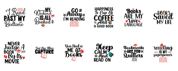 Cute Book Lover Calligraphic Lettering, Typography Bundle Vector Illustration for Infographic, Book Cover, Brochure