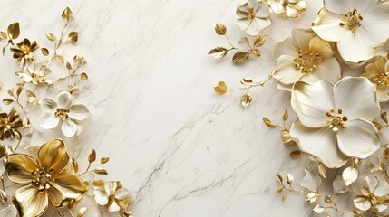 A symphony of gold floral elements gracefully arranged on a white marble background, perfect for an exclusive wedding design