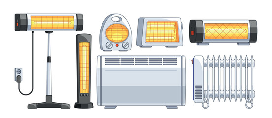 Various Types Of Modern Home Heating Devices And Radiators Displayed on White Background. Vector Illustrations