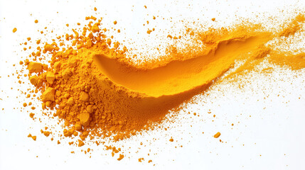 Obraz premium Turmeric powder splashing in mid-air on a white background, product photography
