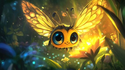 Obraz premium A tiny, adorable cartoon creature with big eyes and little wings, flying around a glowing flower in a magical garden.