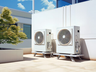 Two air source heat pumps installed outside of new and modern city house